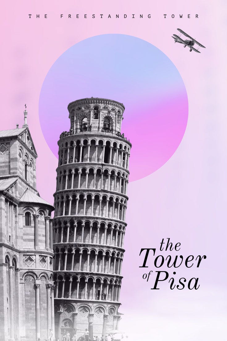 gradient purple and blue collage tower of pisa pinterest