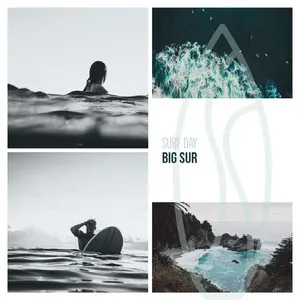 Cyan Big Sur Surf Day Instagram Square Graphic with Collage of Surfers and Landscapes Tumble Collage