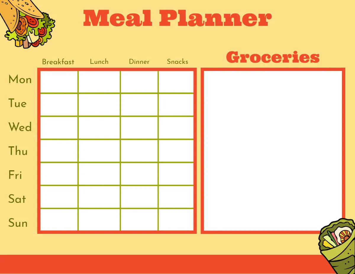 Yellow Red And White Blank Weekly Meal Planner