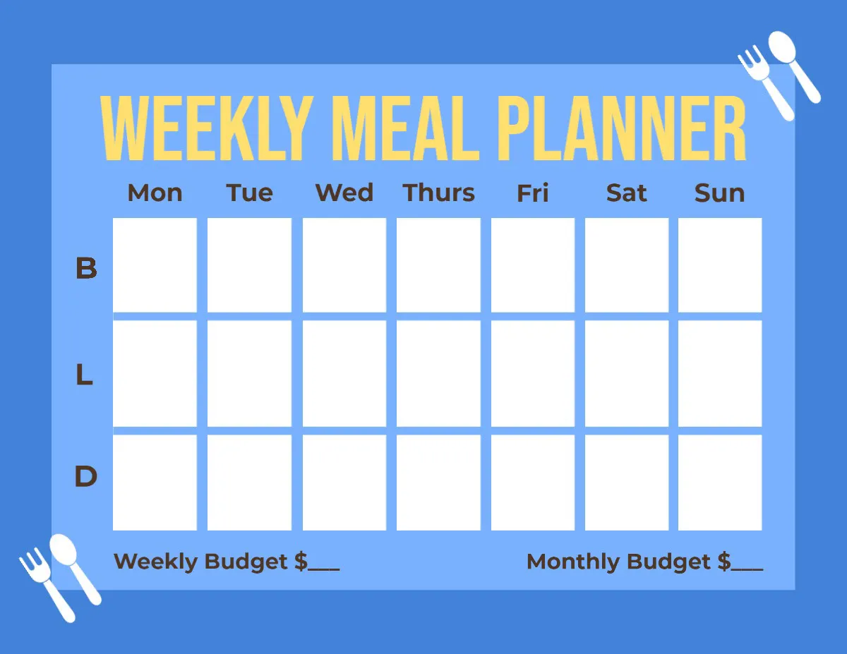 Yellow And Blue Weekly Meal Planner 