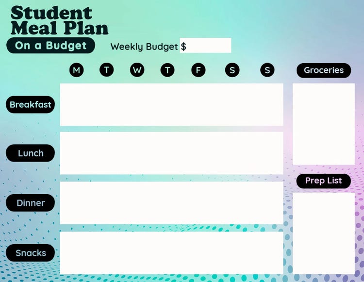 White, Black and Blue Student Meal Planner