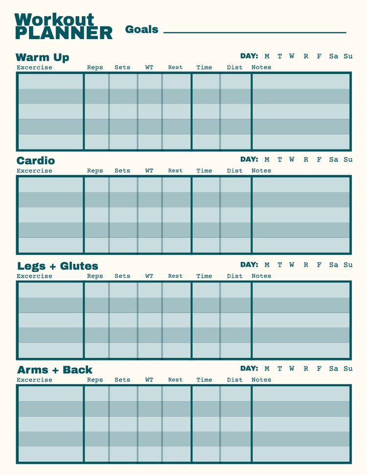 Teal and Beige Workout Planner