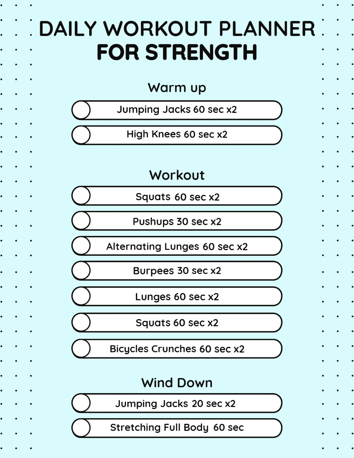 Blue White & Black Dotted Strength Daily Workout Planner