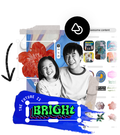 Collage with two kids smiling, icons, graphic elements and the text "The future is bright"