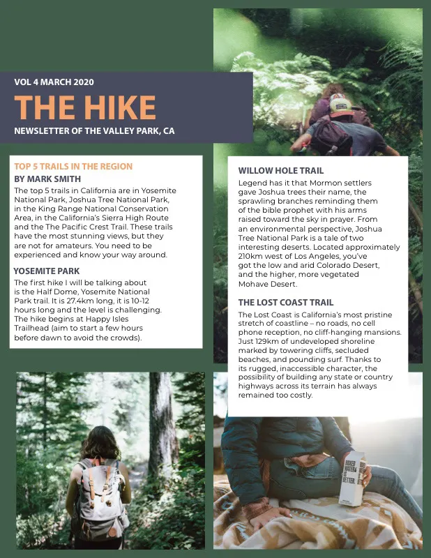 Green Hiking Newsletter with Backpacker Photos