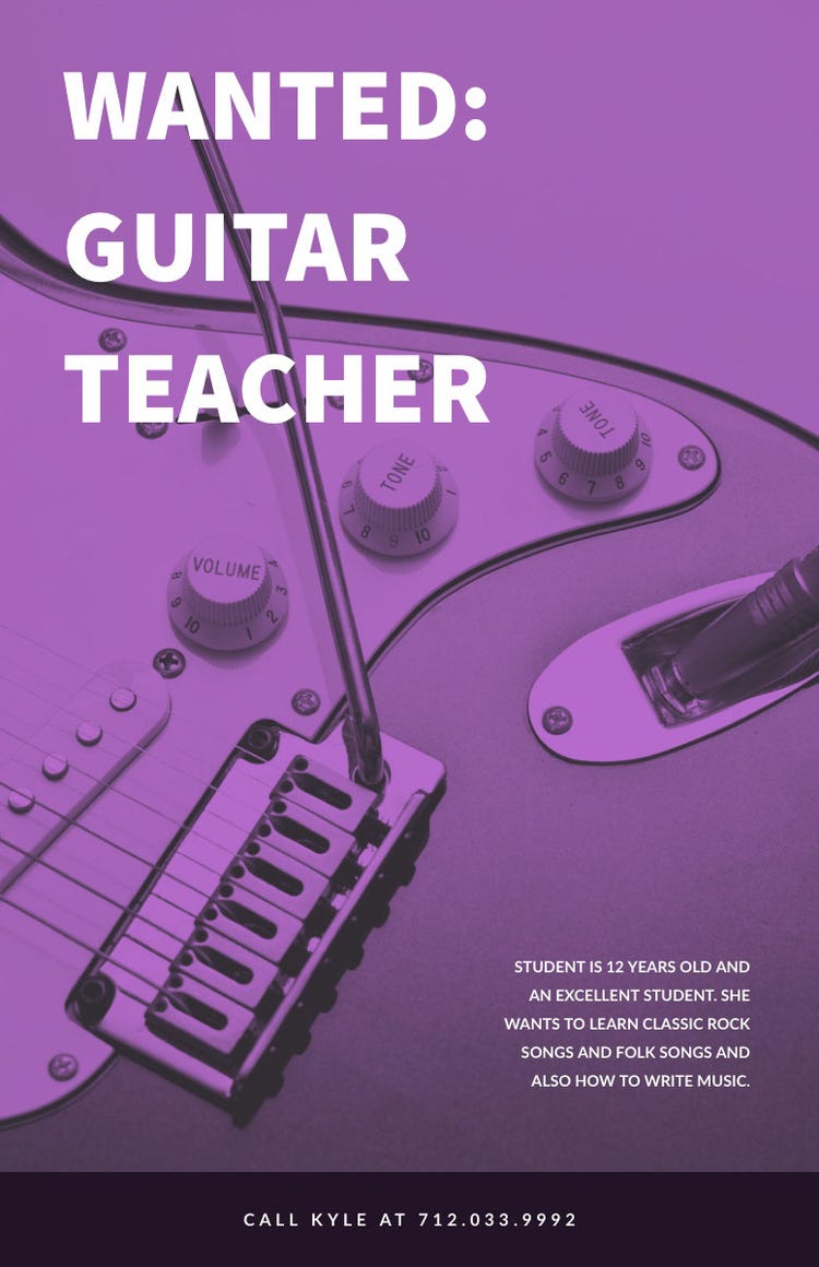 Purple Guitar Teacher Wanted Flyer