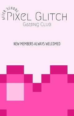 Pink & Purple Pixel Glitch Heart Gaming Club Recruitment Poster After School