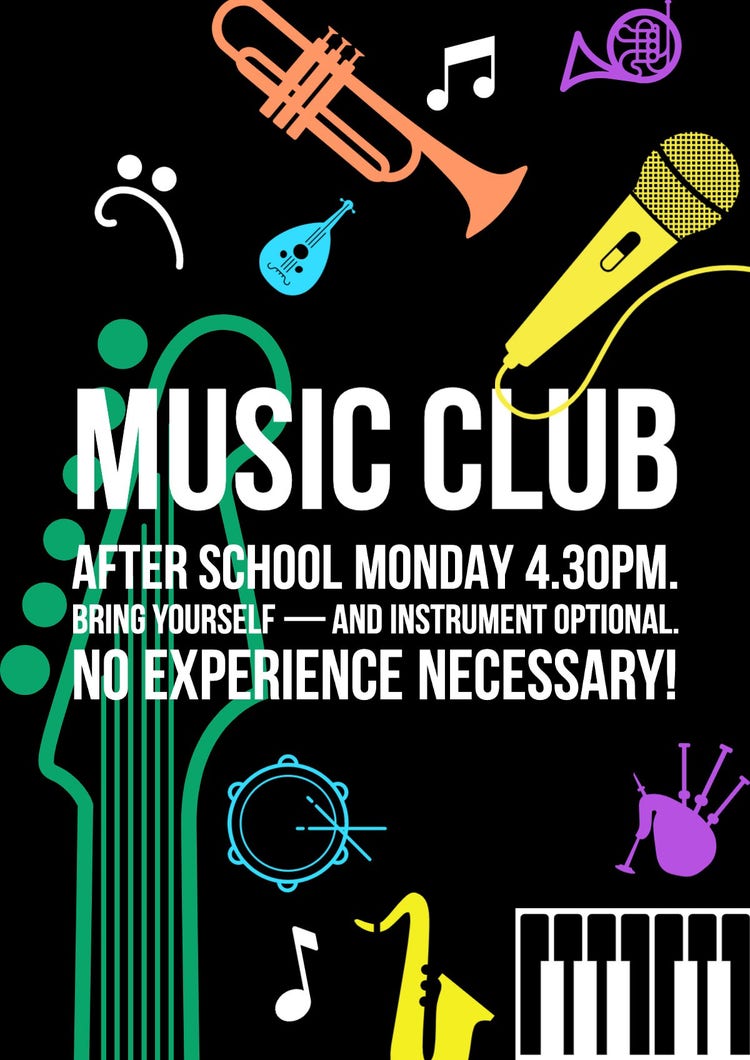 Black White Yellow Orange Green & Blue Graphic Music Club School Activities Poster