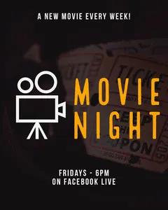 Black and Orange Movie Night Live Stream Event Instagram Portrait with Camera Icon Movie Night Flyer
