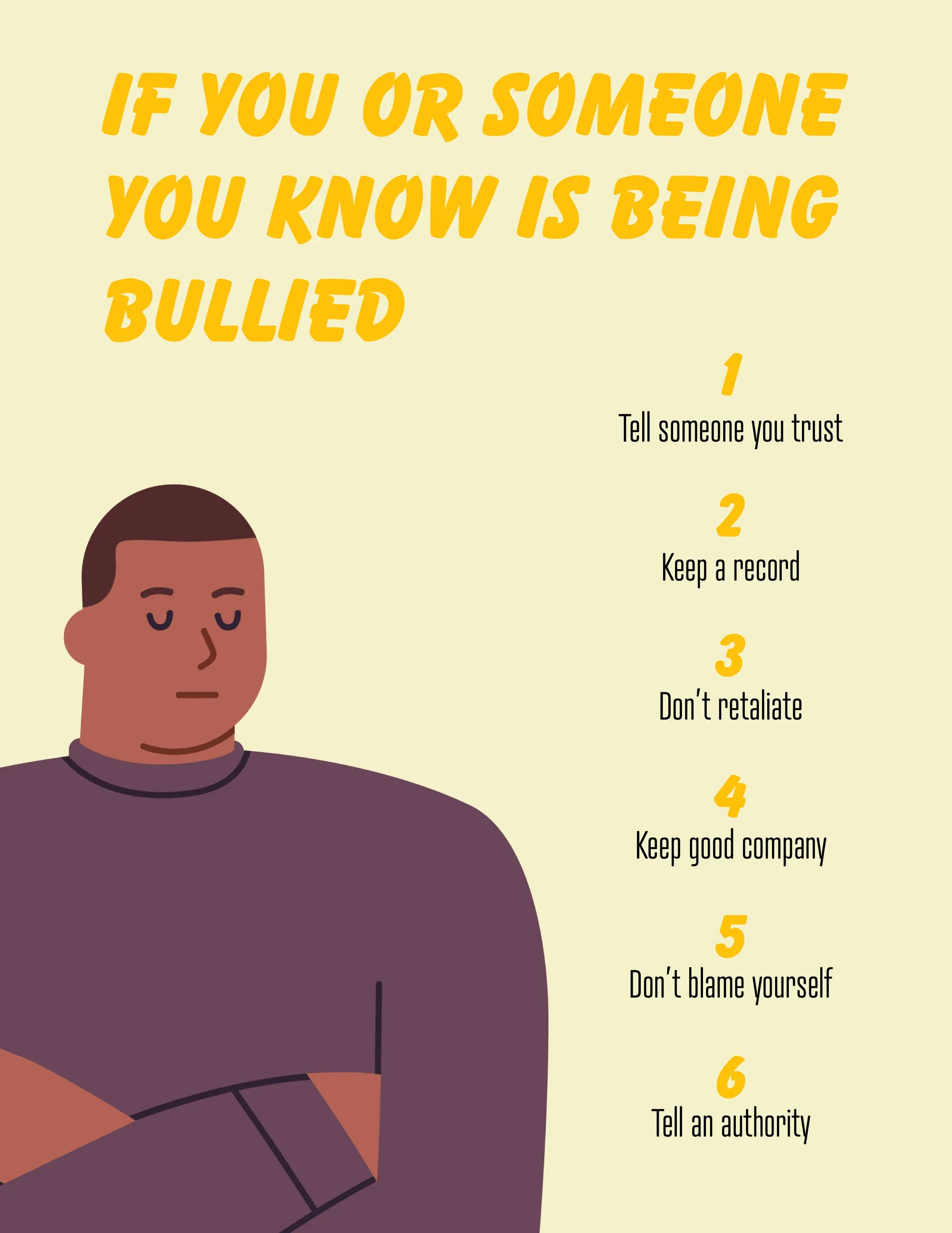 black yellow illustration school bullying steps letter