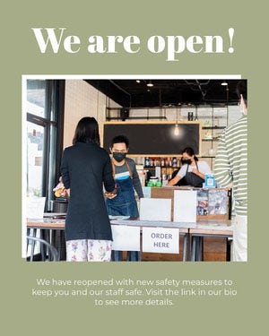 Pale Green Cafe Reopening and Coronavirus Safety Measures Instagram Portrait Announcement We Are Open Poster