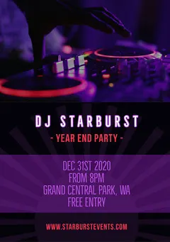 Purple White and Black DJ Starburst Year End Party Flyer A5 DJ