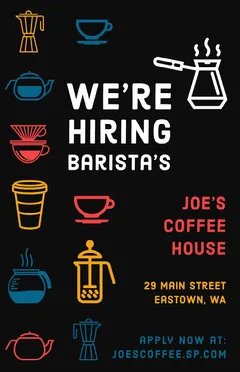 Black and Colorful Barista Coffee Cafe Job Poster Now Hiring Poster