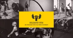 Yellow, Black and White Collage Gym Ad Facebook Banner Gym