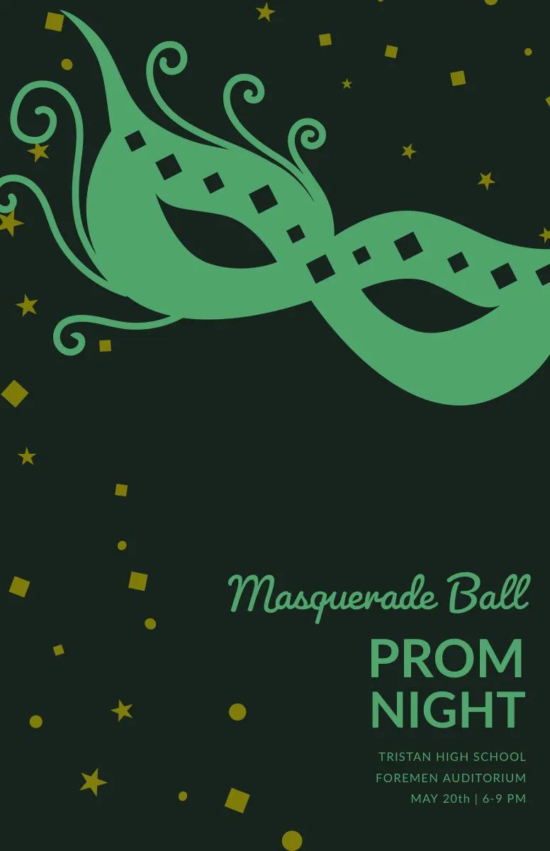 Black and Green Masquerade Ball High School Prom Poster with Mask