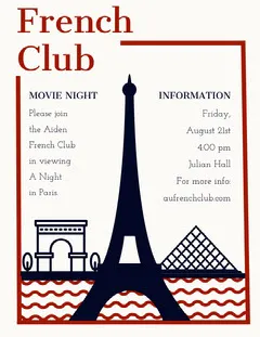 Illustrated French Language School Club Flyer with Eiffel Tower Movie Night Flyer