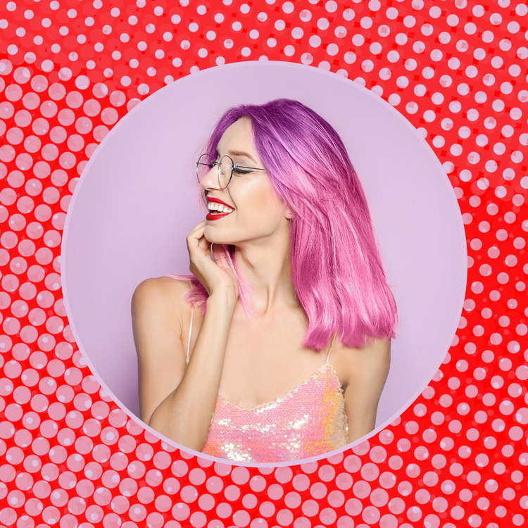 Profile picture with a circular frame and polka-dotted red background being edited in Adobe Express.