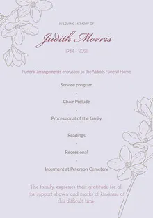 Purple Floral Line Illustration Funeral Service Program Funeral Program