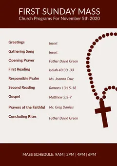 Sunday Mass Church Program Flyer with Rosary Church