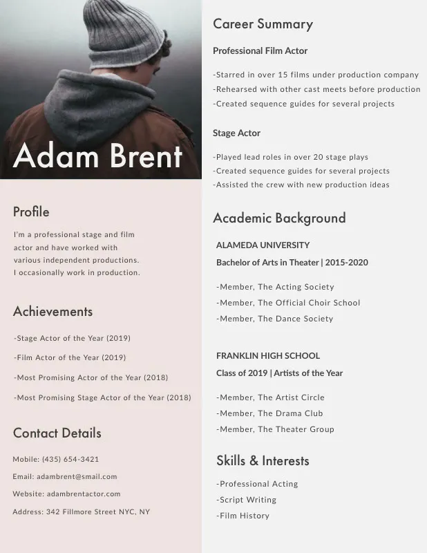 Modern Actor Resume with Photo of Man