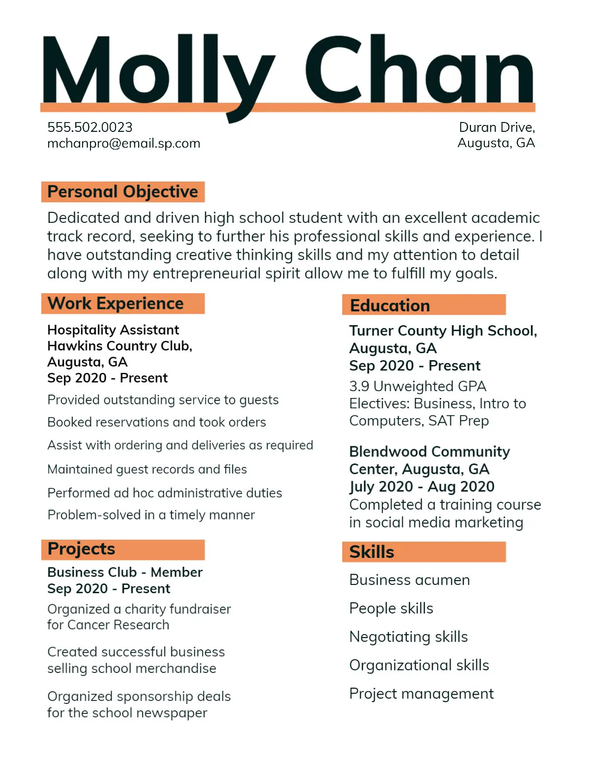 Orange & White High School Student Resume