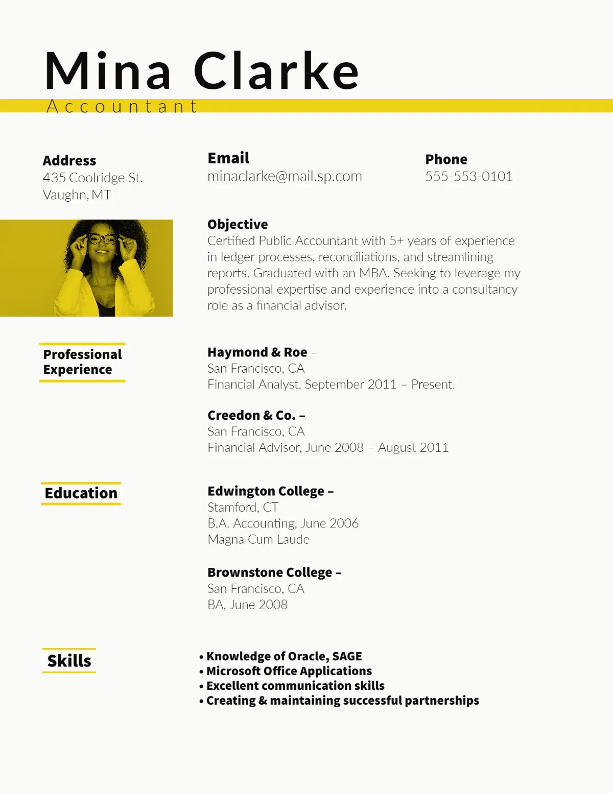 Yellow and White Modern Accountant Resume