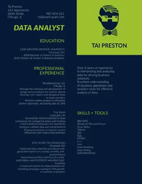 Green and Blue Data Analyst Resume Creative Resume
