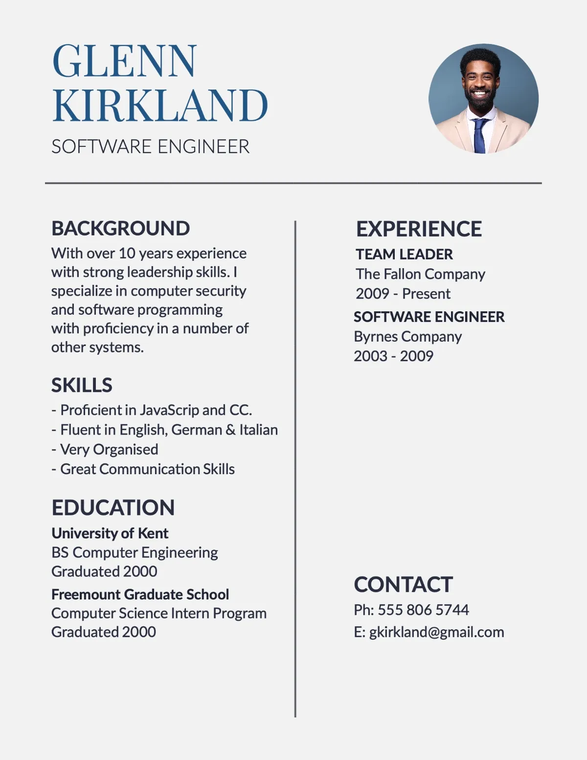 Blue Grey Black Simple Classic Line Divided Resume with Headshot