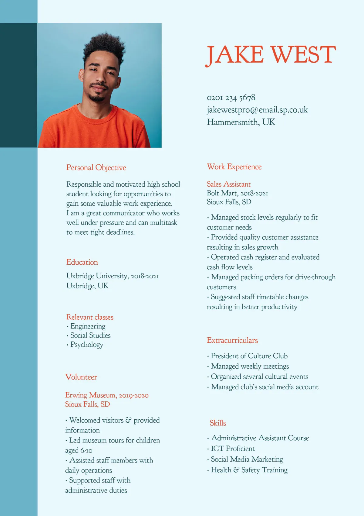 Blue and Red Minimal A4 Resume