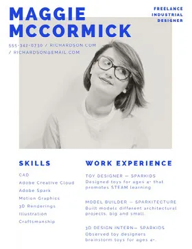 Blue Industrial Designer Resume with Woman Creative Resume