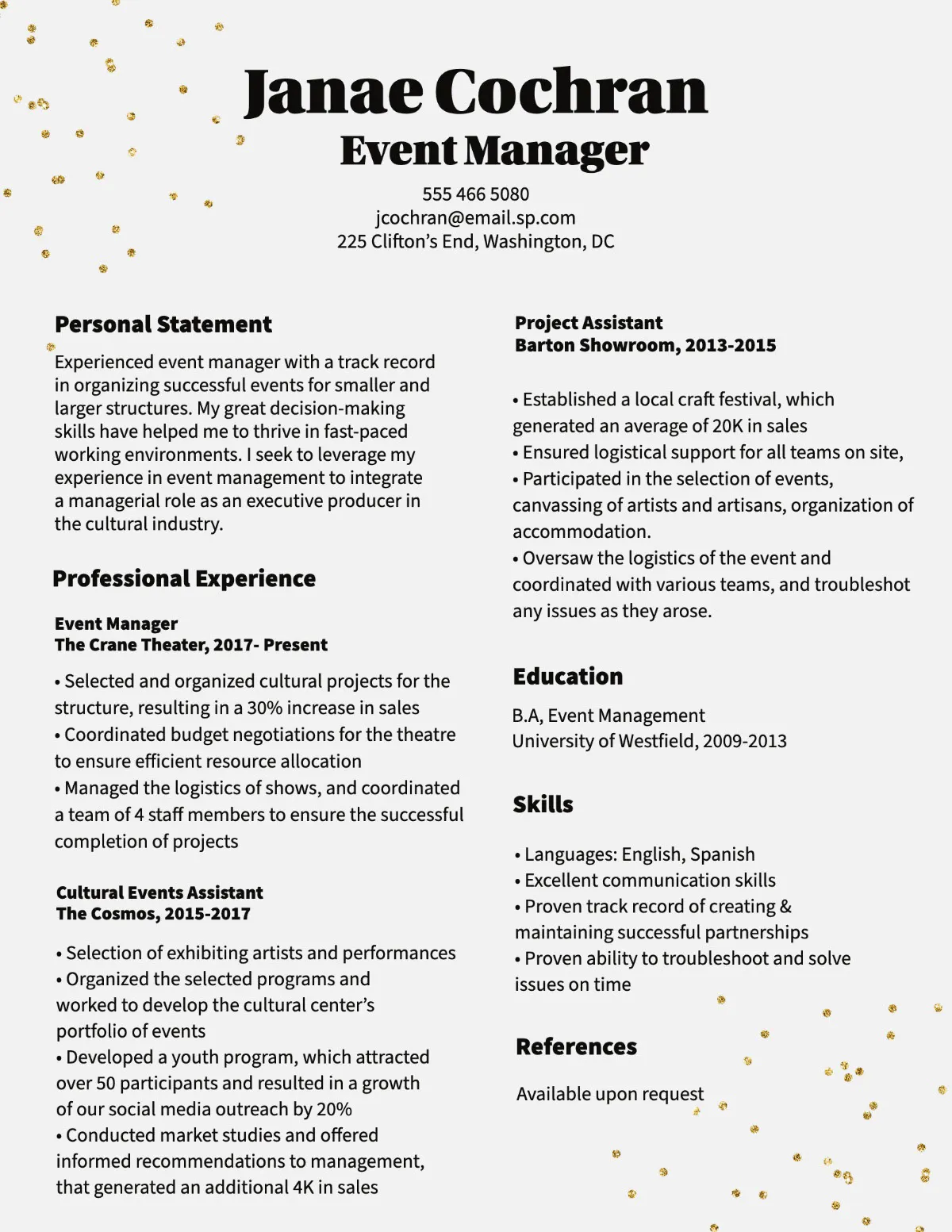 Black with Gold Confetti Event Manager Resume