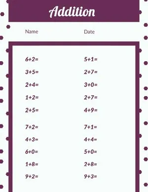 Purple Math Addition School Worksheet Free Math Worksheet
