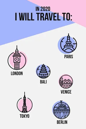 Pink and Blue Illustrated Travel Desinations Pinterest Graphic Goal-Setting Worksheet