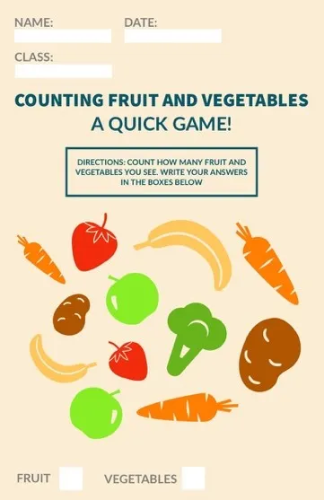 Multicolor Preschool Fruit Vegetable Math Worksheet