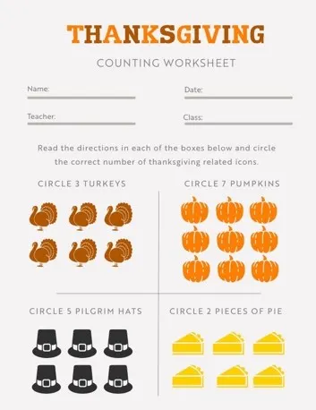 Multicolor Thanksgiving Counting School Worksheet