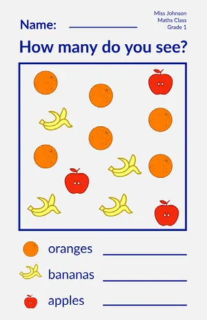 Blue Orange Yellow Red Fruit Counting Worksheet Poster Counting Worksheet