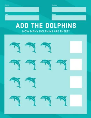 Blue Mathematics Addition School Worksheet with Dolphins Counting Worksheet
