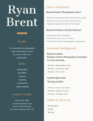 Green and Brown Journalist and Photographer Resume Resume  Examples