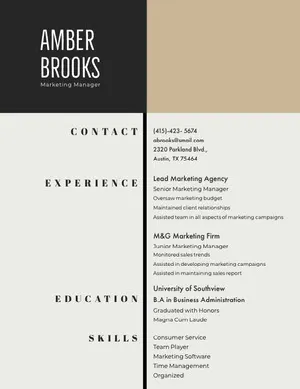 Black and Grey Marketing Manager Resume Resume  Examples