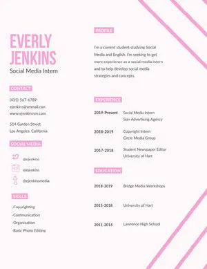 Pink Social Media Specialist Student Resume Resume  Examples