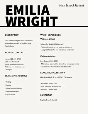 Black and White Food Industry High School Student Resume Resume  Examples