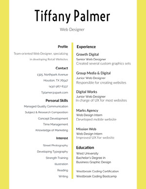 White and Yellow Web Designer Resume Resume  Examples