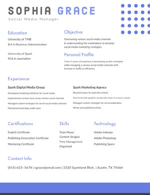 Blue and White Social Media Manager Resume Resume  Examples