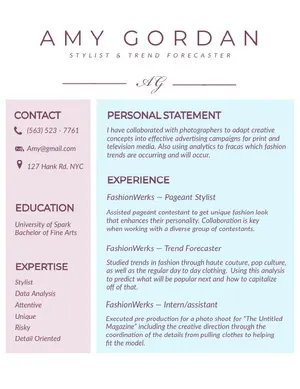 Pastel Colored Fashion Stylist Resume Resume  Examples