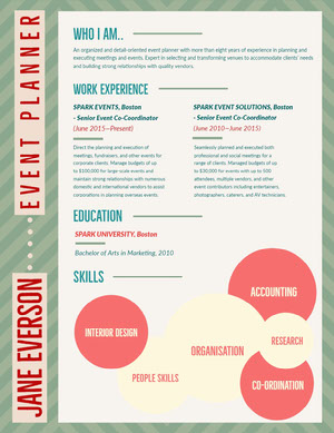 Green and Red Pattern Event Planner Resume Infographic Examples