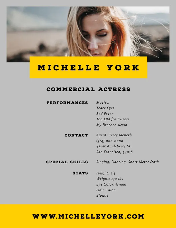 Grey and Yellow Professional Actress Resume