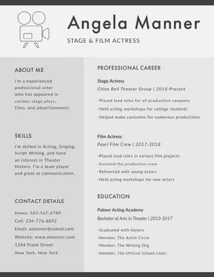 Gray Stage and Film Actress Resume Resume  Examples
