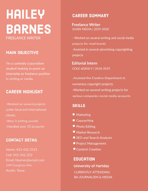 Red Freelance Writer and Journalist Student Resume Resume  Examples