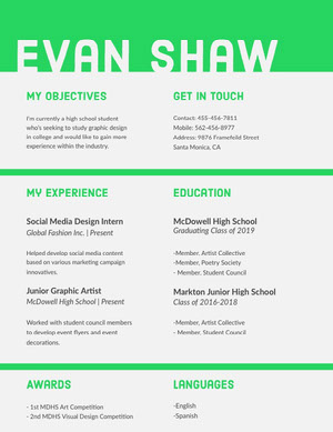 Bright Green High School Student Resume Resume  Examples