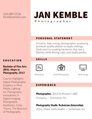Pink Photographer Resume Resume  Examples